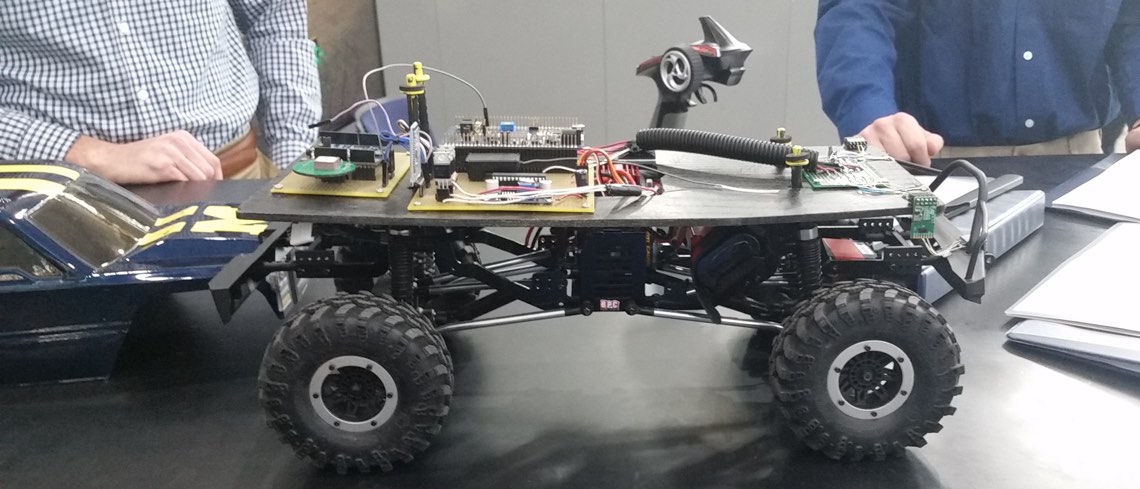 The PCB and internal parts of the driverless RC car