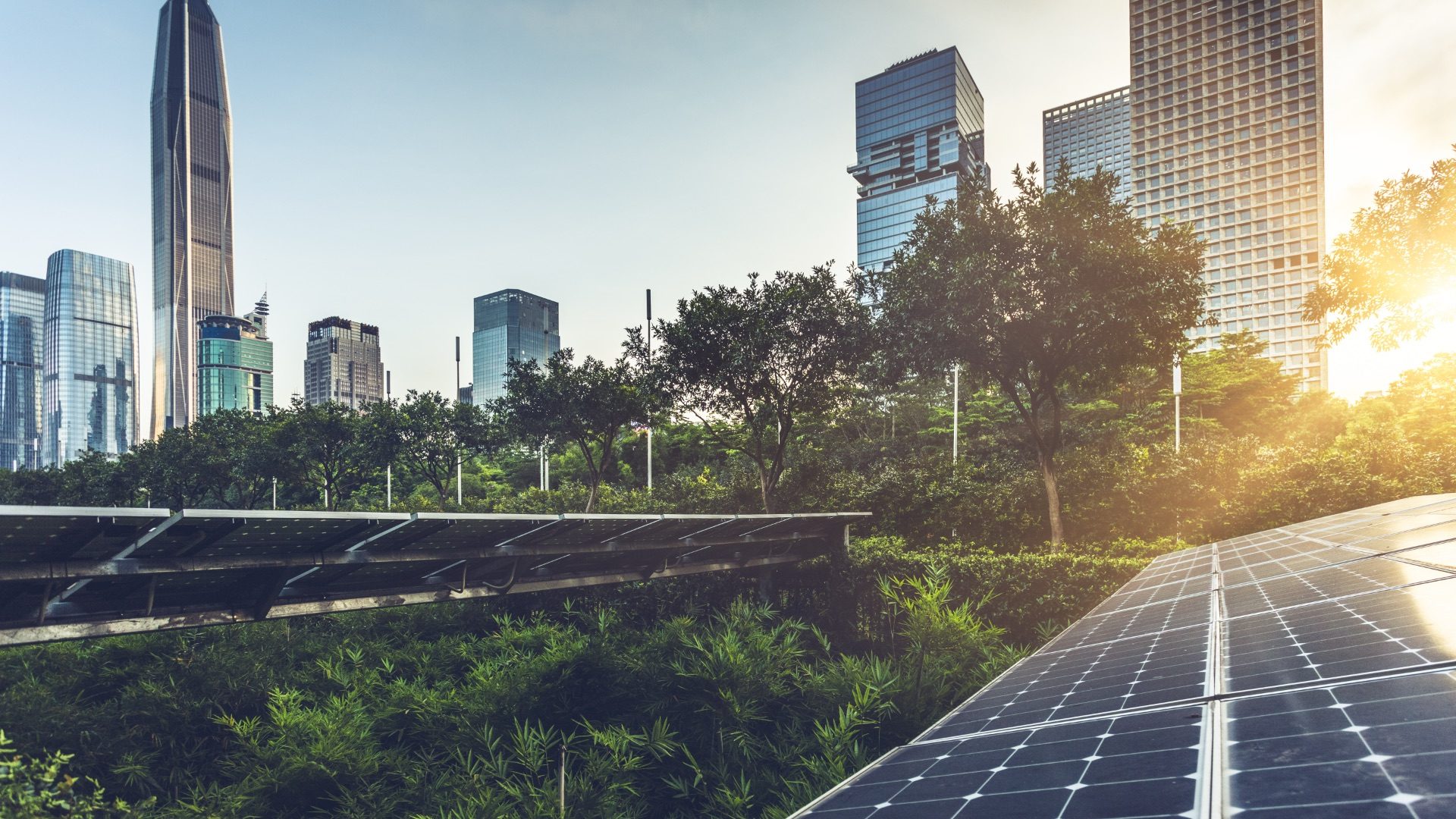 Roof top solar installation with shenzhen downtown skyline view as background,China.