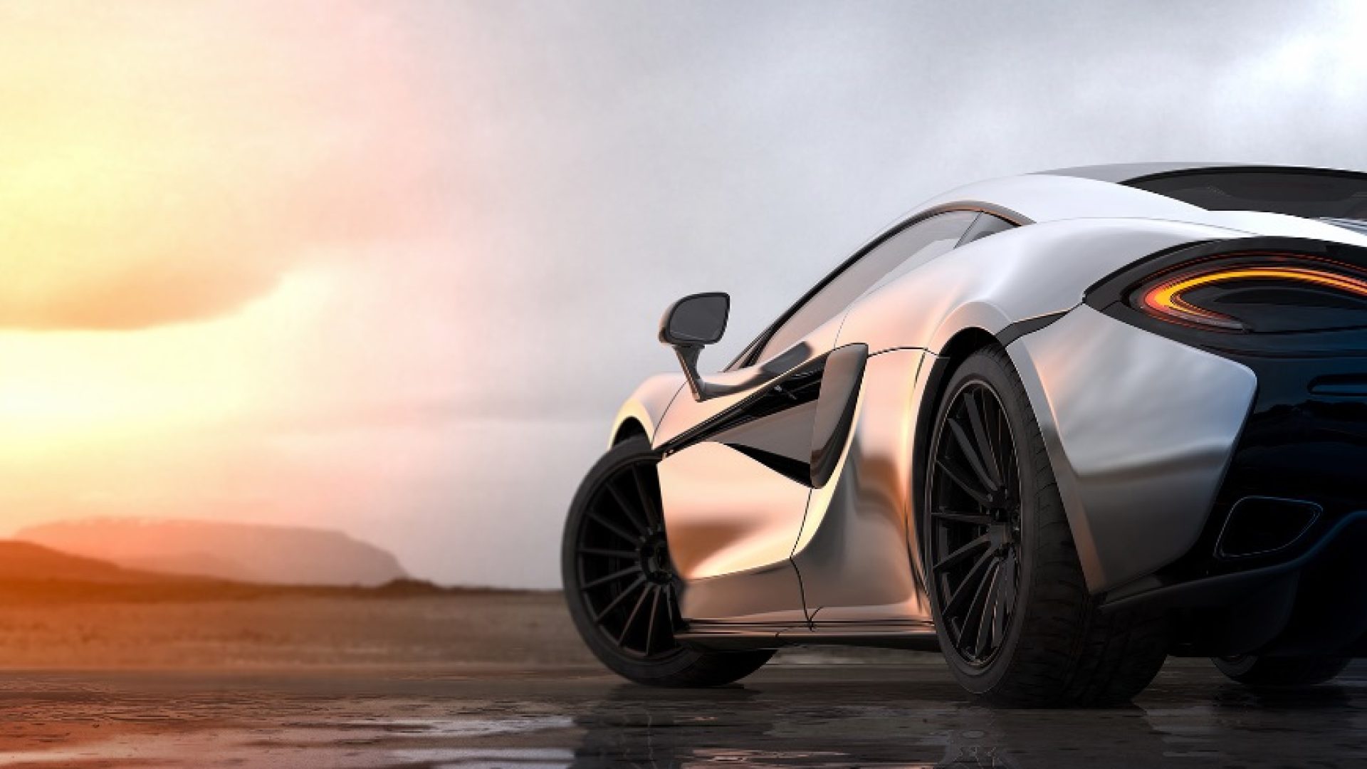 Silver luxury sports car sunset scene (with grunge overlay), tail lights detail - 3d illustration; Shutterstock ID 1033204516; purchase_order: 1106262587; job: ; client: ; other: