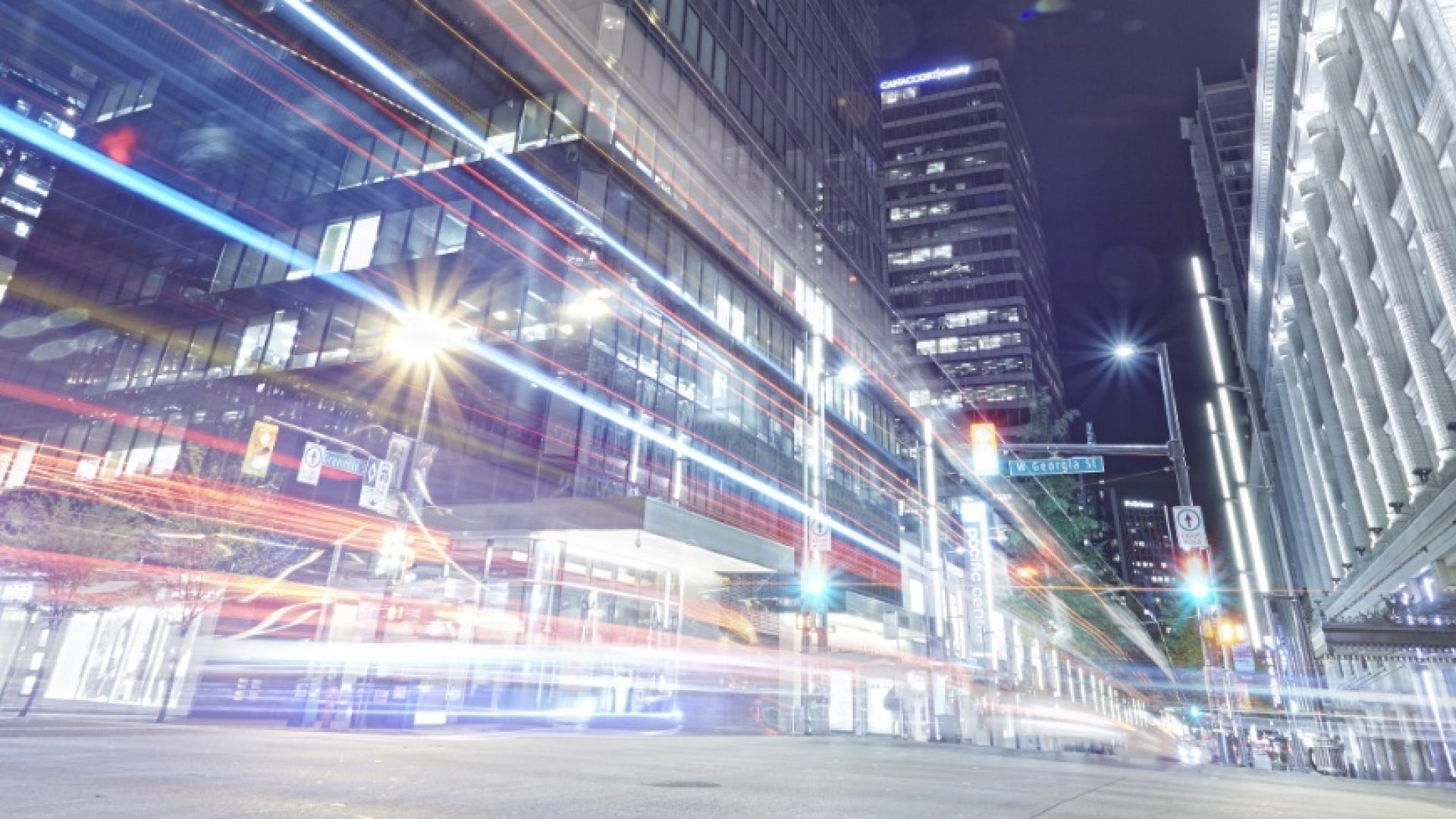 light trails from traffic in Vancouver's city center